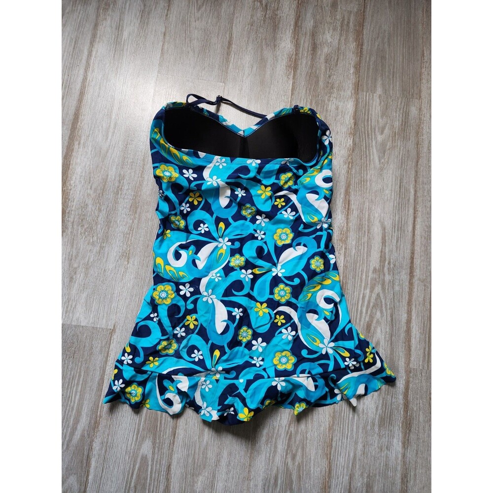 Sunshine Zone One Piece Swim Dress Blue Yellow Floral Adjustable Strap Sz 1X EUC - Picture 3 of 7
